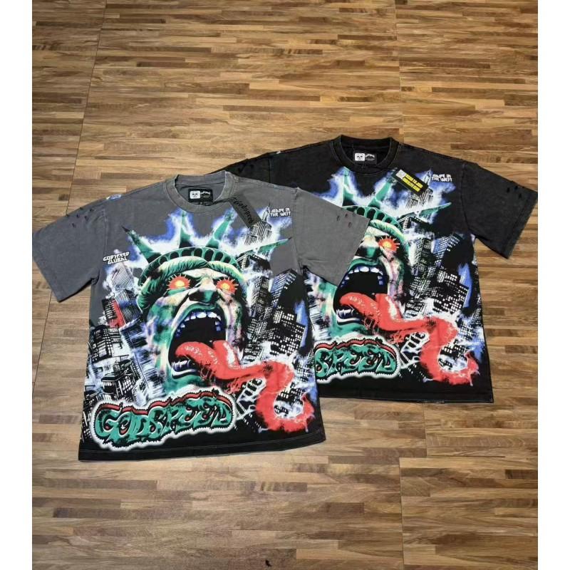 Mens Oversized Graphic Tee With Skull Print Washed Vintage Cotton T-Shirt Loose Fit Short Sleeve Crew Neck
