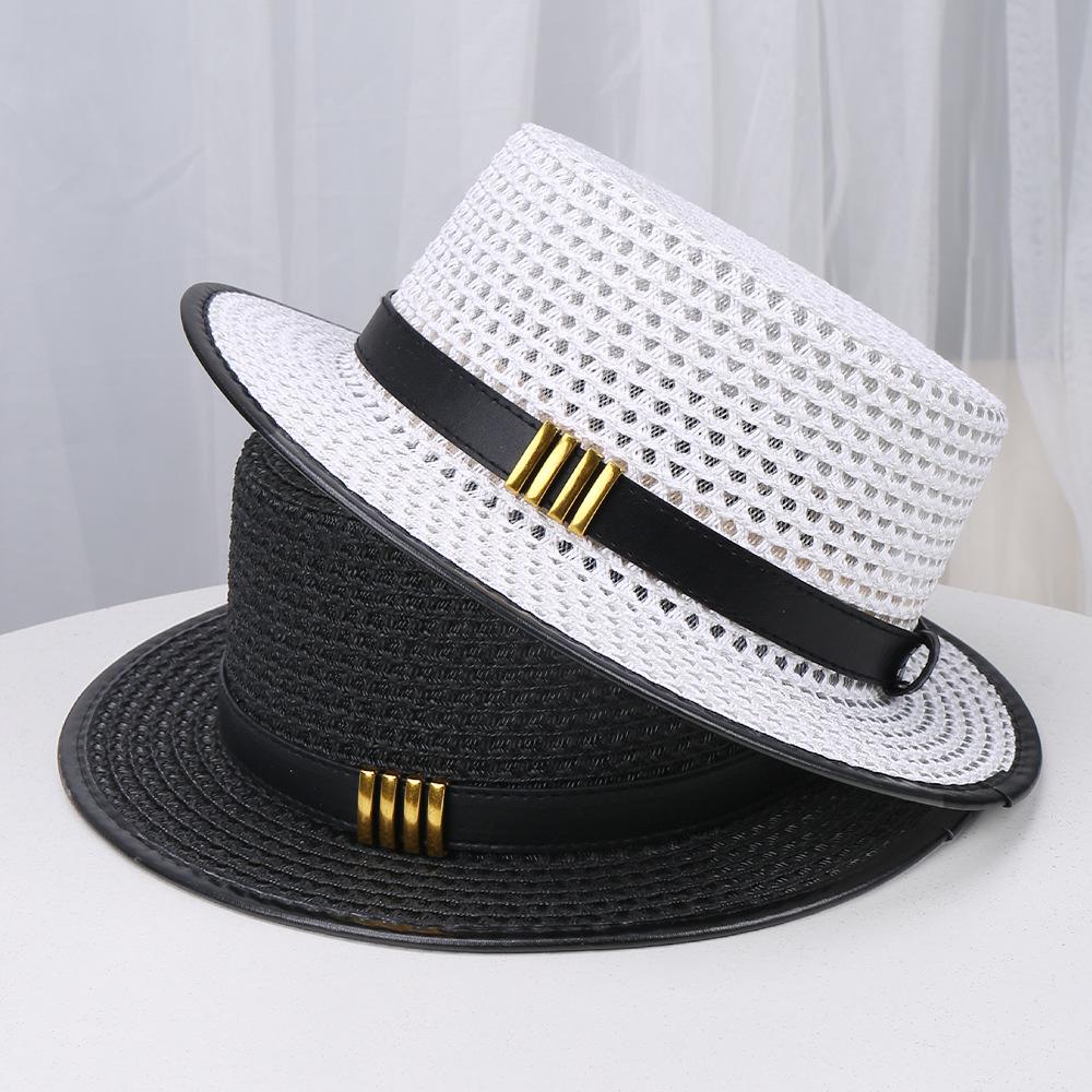 Hepburn Style Flat Top Straw Hat Women's New Sunscreen Sun Hat British Style Straw Woven Flat Edge Hat Summer Sunshade Hat