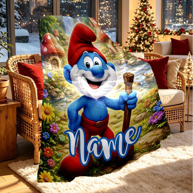 Custom Name Personalized Blue Smurfs Print Blanket, Home Decor, Bedroom, Sofa, Camping, Couch, Gifts for Birthday Christmas