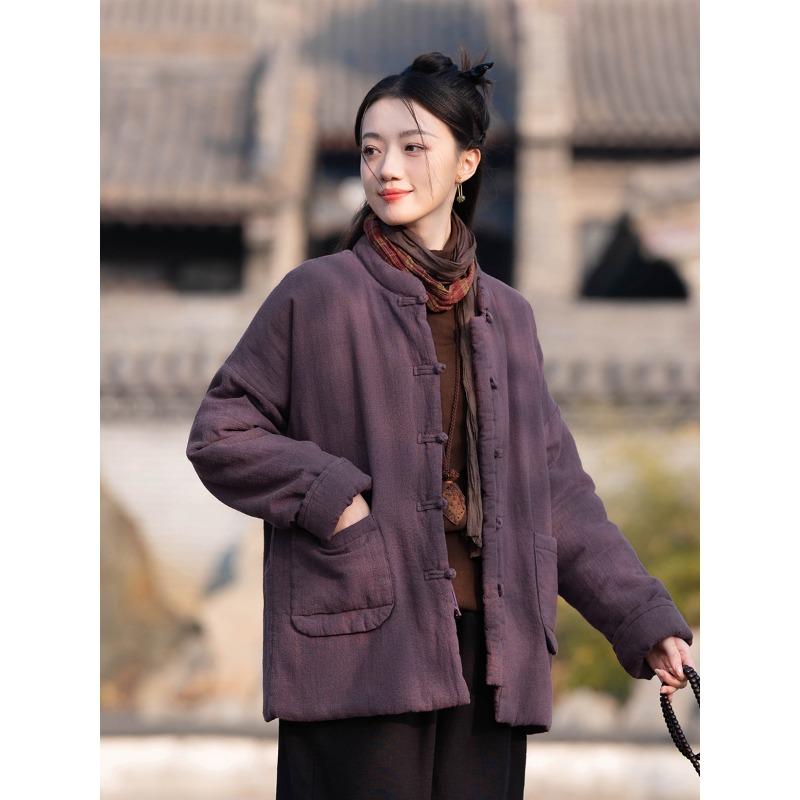 25 Winter New Cotton and Linen Women's Chinese Retro Stand-up Collar Buckle Padded Jacket Women's Padded Thickened Zen Ramie Cotton Jacket