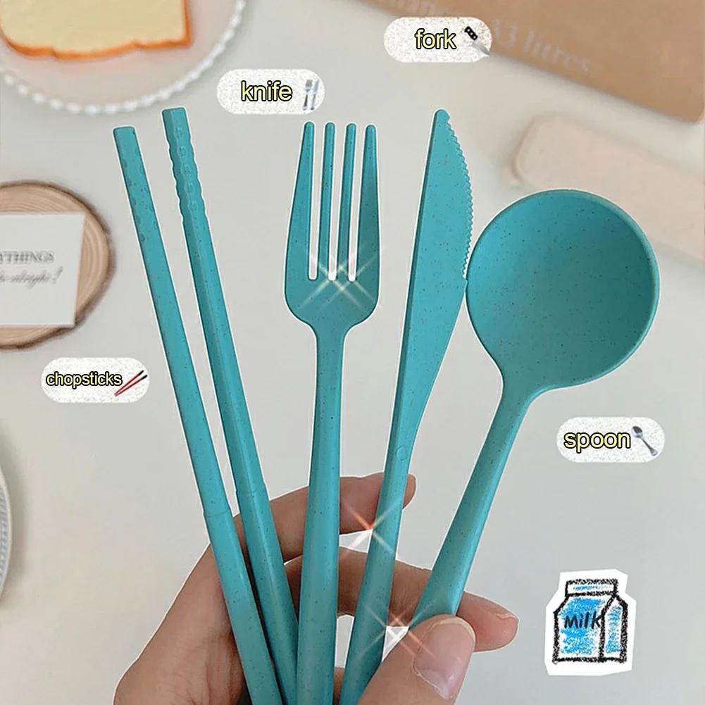 4 stk/sett Servisesett Kreativt med etui Plastkniv Gaffel Skje Spisepinner Sett Reisebestikk for Kjøkken Borddekking
