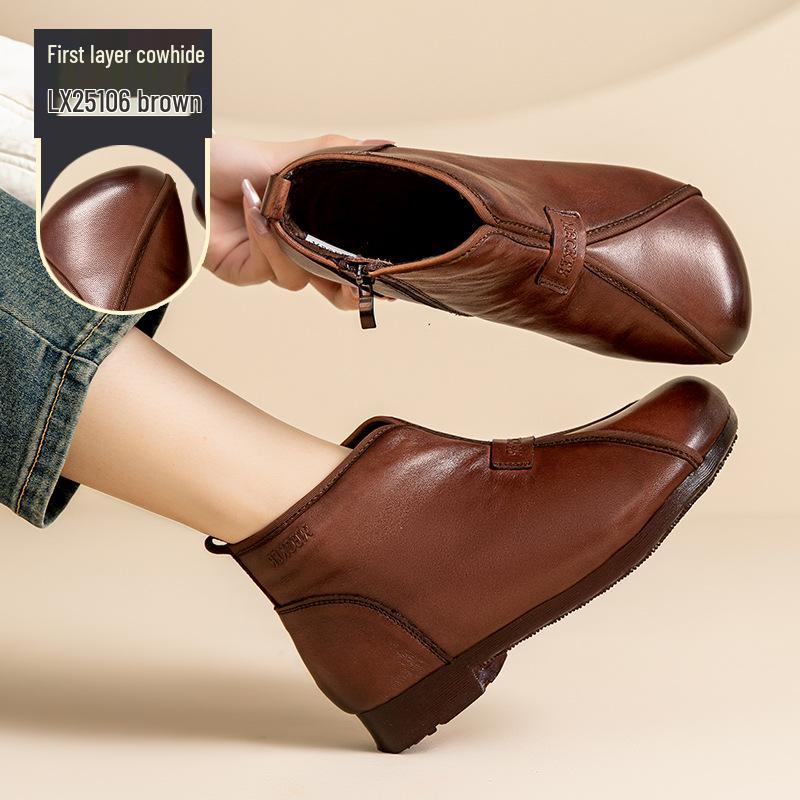 Mori Style Women's Suede Ankle Boots: Flat Round Toe, Fleece-Lined, Soft Sole – Winter 2025 Collection