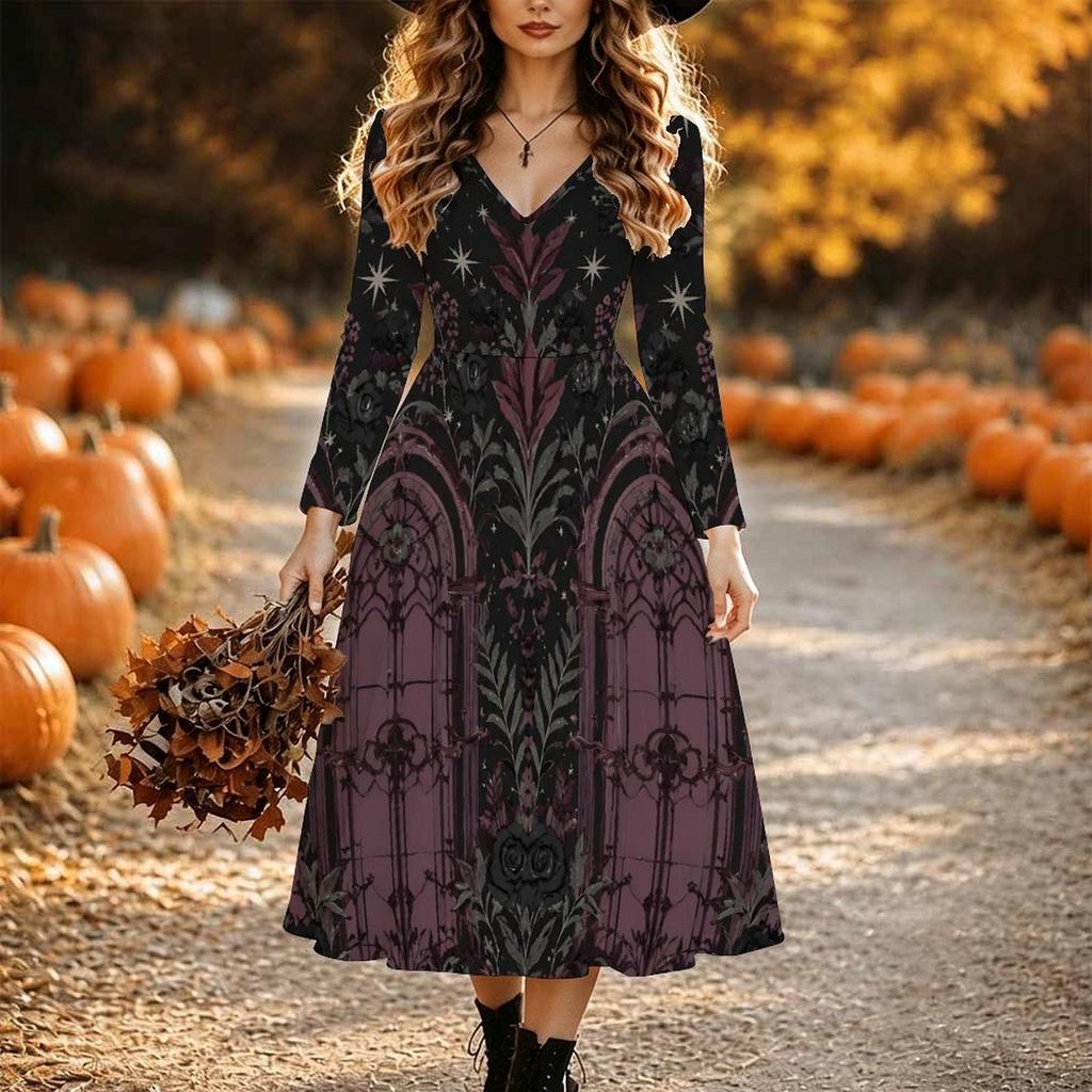 Halloween Women's Purple Gothic Print Midi Dress A Line Dress Vacation Casual Daily Regular Fit Long Sleeve V Neck Black Spring Fall