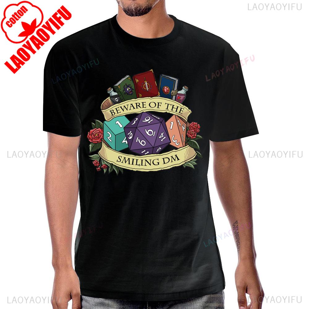 Beware of The Smiling DM Funny Dice Explore Dungeons DnD Graphic Printed T Shirt Cotton Short Sleeve Streetwear Hip Hop Tshirt
