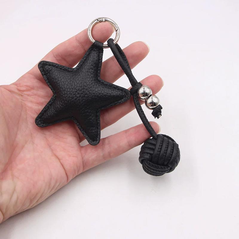 Leather Star Keychain Pentagram Car Keyring with Woven Leather Rope Ball Pendant Creative Bag Pendant Decoration for Women