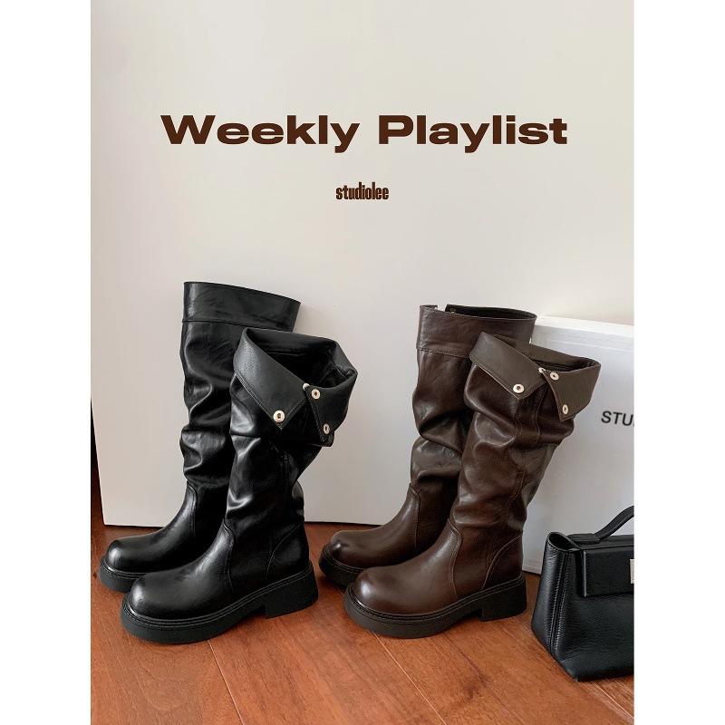 Cowhide version~ grape ma height increase 5cm long boots three-dimensional round head thick sole thick heel snap button knight boots women's tal