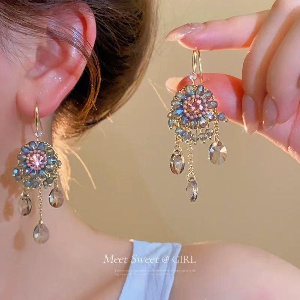 Flower Rhinestone Drop Earrings Pendant Vintage Long Earrings Trendy Crystal Stud Earrings  Party
