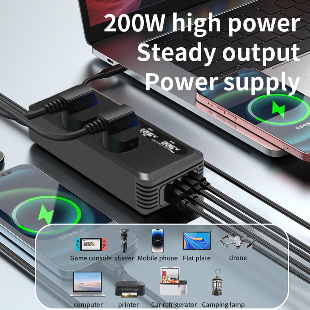 200W Car Cigarette Lighter Plug Voltage Converter DC 12V To AC 110V/220V Portable Power Converter for Vehicles Camping Road Trip