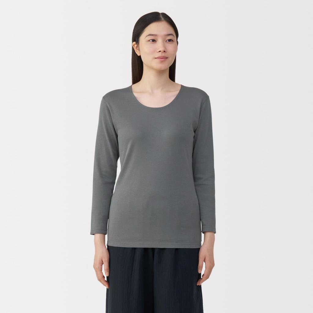 MUJI Warm Cotton Thick Sleeve FCD16A5A Medium Gray M Women's U-Neck 3/4 T-Shirt Women's