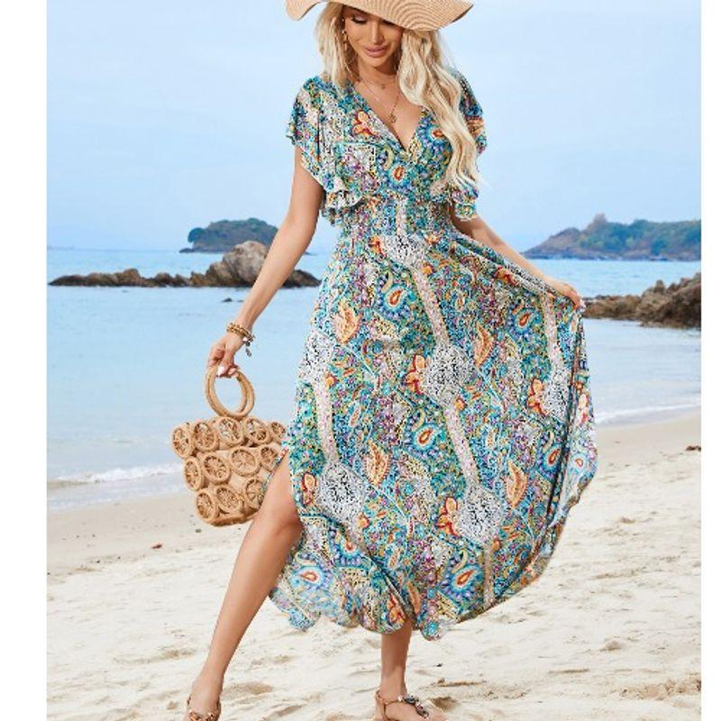 Bohemia Style Front and Back V-neck Tied Elastic Waist Rayon Floral Split Lotus Leaf Sleeve Dress Beach Dress