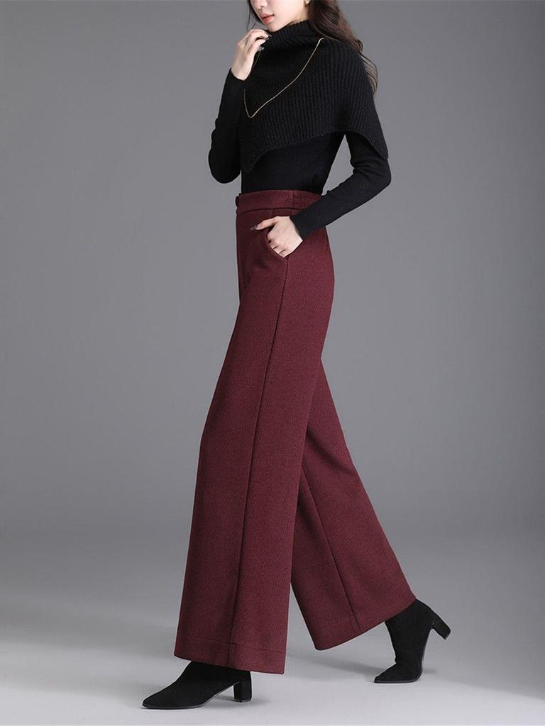 2025 Women's High-Waist Wide-Leg Wool Pants - Loose, Casual, Solid Color
