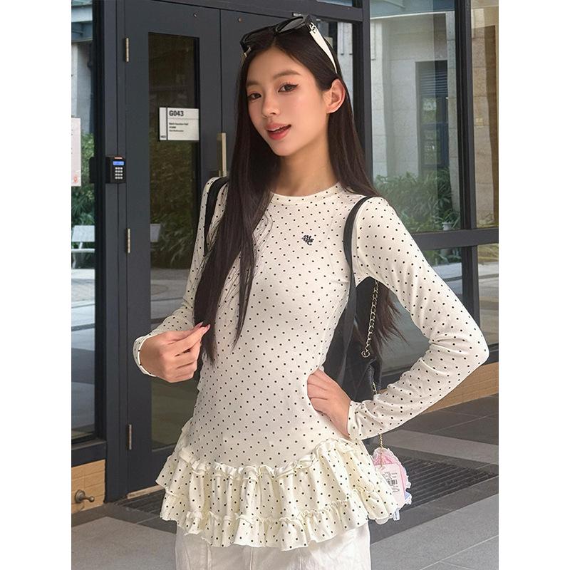 

American Sweet & Spicy Polka Dot Long Sleeve Ruffle Trim T-shirt XL