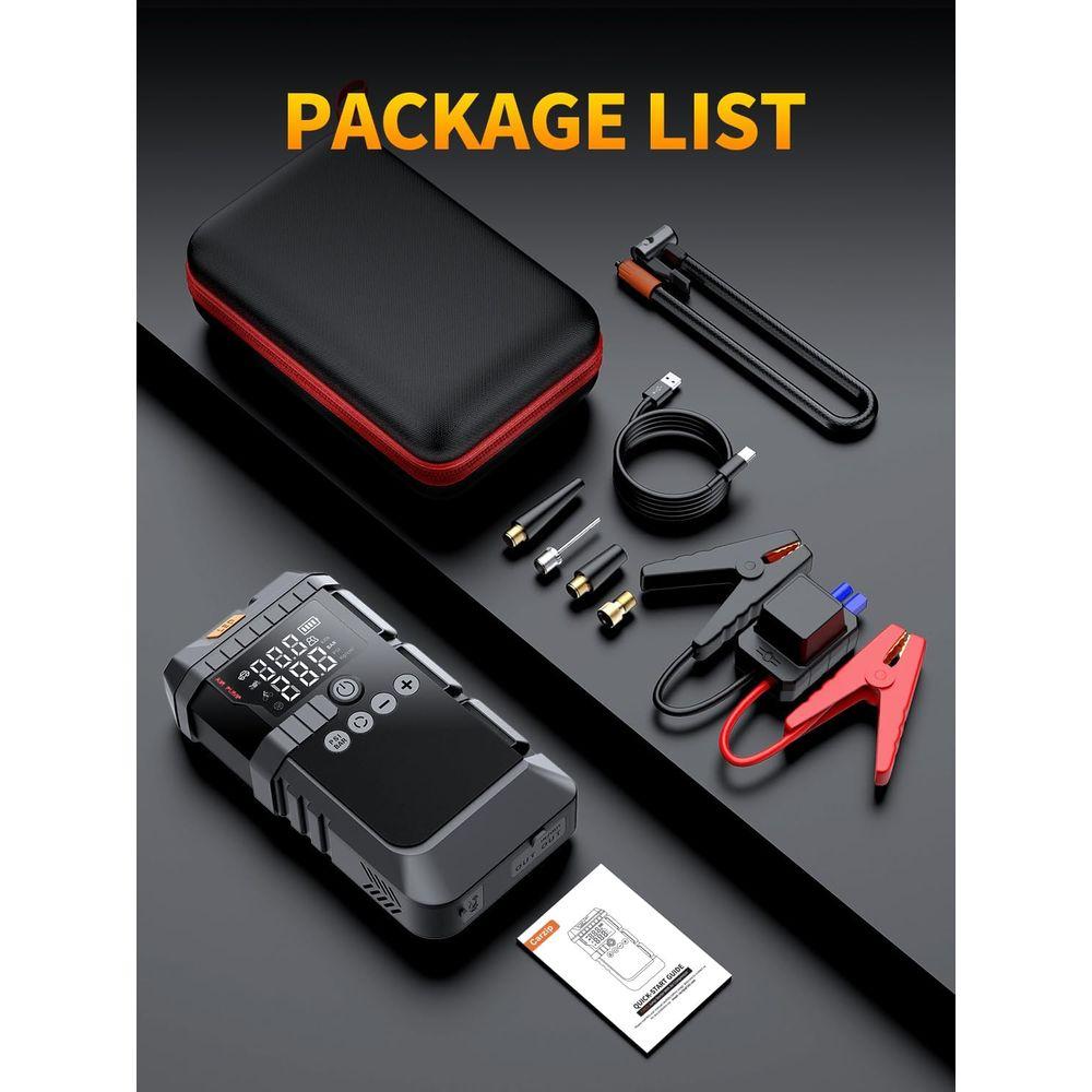 Portable 12V Jump Starter with Air Compressor, 160PSI Tire Inflator, LED Display, and Jumper Cables for Gas & 12L Engines