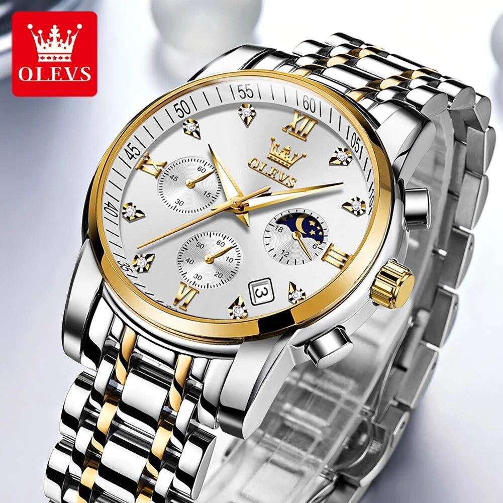 OLEVS 2858 New Moon Phase Quartz Watch for Men Stainless Steel Waterproof Anti-Scratch Luminous Chronograph Mens Wristwatch