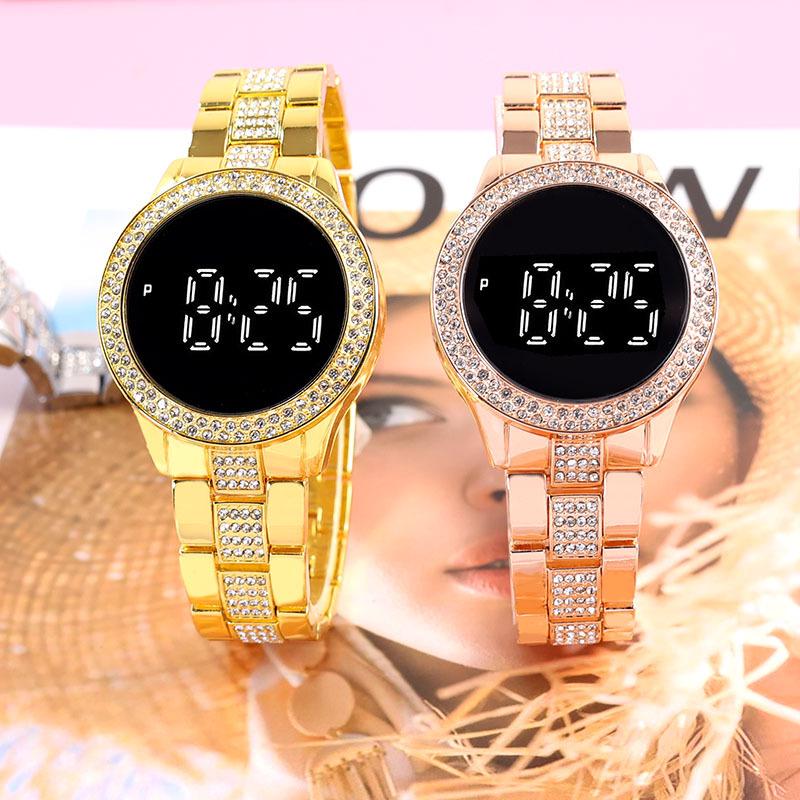 Korean Minimalist Diamond-Set LED Women's Steel Band Wristwatch - Casual Fashion Electronic Round Watch