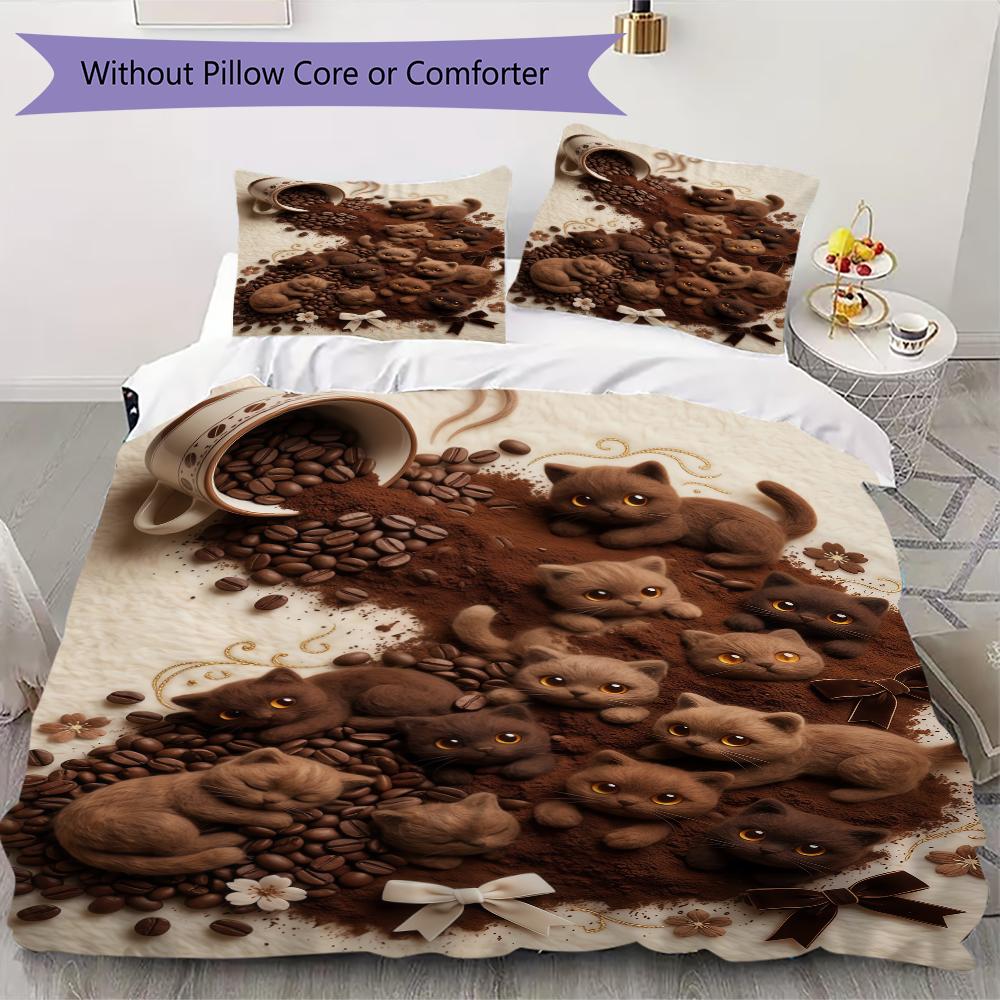 Coffee Black Cat Pattern Bedding Uilt Set Uilt Cover Pillowcase Home Decoration Birthday Gift (1 * Duvet Cover + 2 * Pillowcase Without Core)