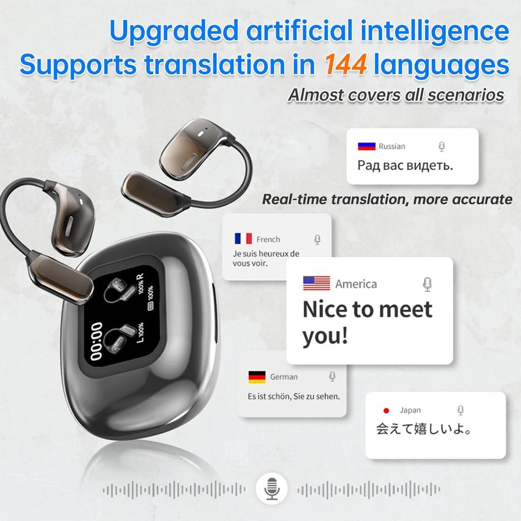 AI Language Translation Earbuds Real Time LCD Touch Screen Open Ear Wireless Headphone with 144 Language for Business