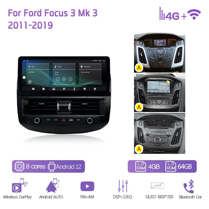 12.3Inch For Ford Focus 3 Mk 3 2011-2019 Car Multimedia Player GPS Navigation Radio Android12 8+128G 8Core CarPlay 4G 360Camera