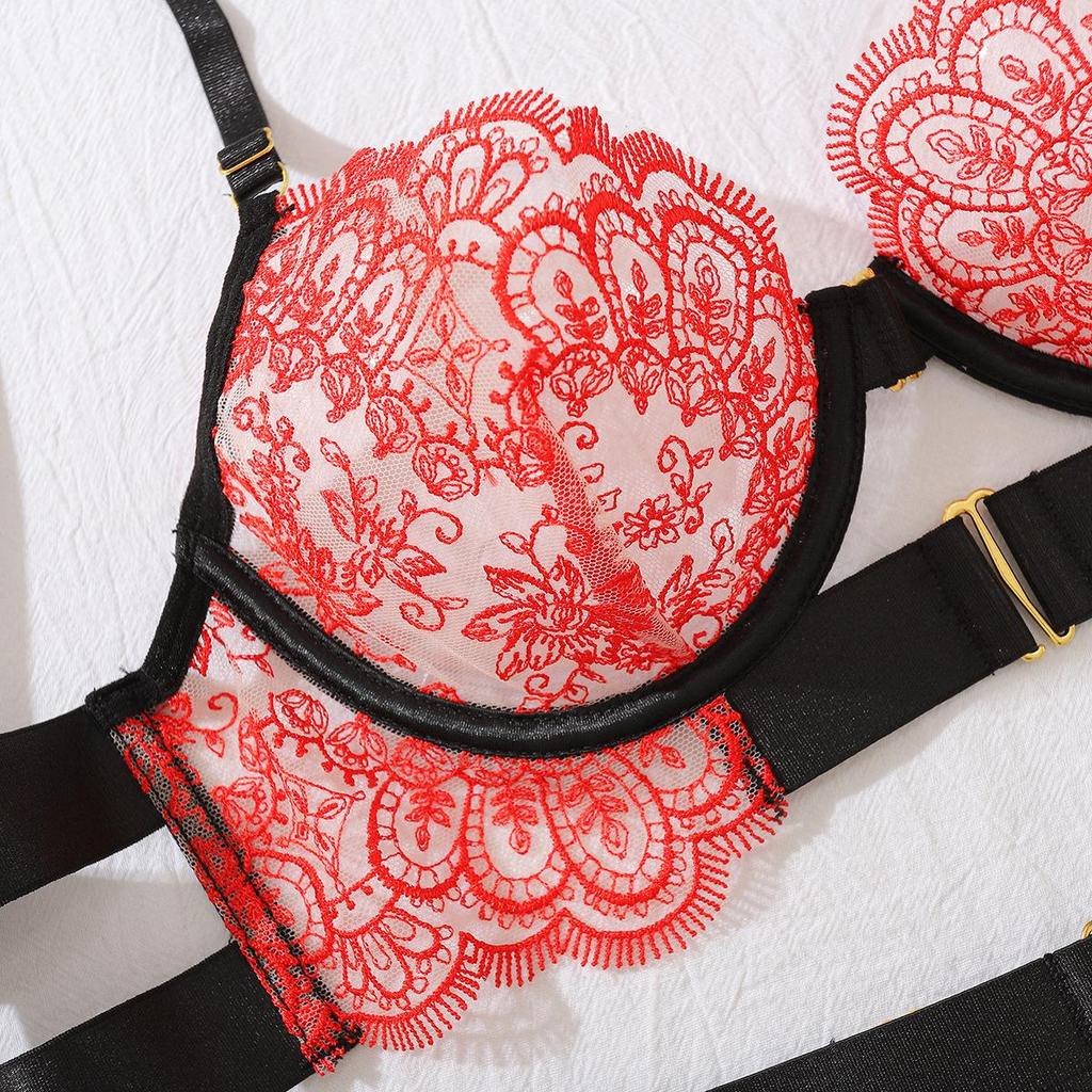 European & American Embroidered Lace High-Quality Erotic Lingerie: Sexy See-through Metal Buckle Body Shaping Front-Opening Set