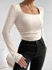 2023 European and American Slim Fit Ruched Short Sleeve Long Sleeve Square Neck Autumn Top