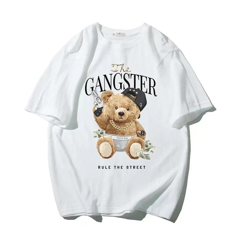 2023 New Men's Cartoon Bear USD Print 100% Cotton T-shirt High Quality Short Sleeved Shirt Street Fitness Clothing