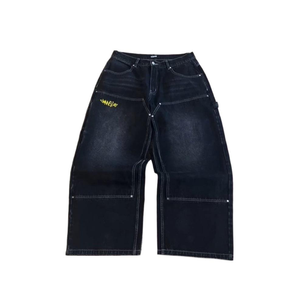 RogueWave Street Fashion Brand Wide Leg Jeans Y2K Hip-hop Retro Simple Print Loose Gothic Harajuku Horn Pants Ripped Jeans