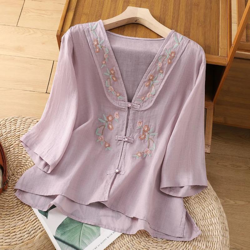 Women's Floral Embroidered V Neck Blouse Traditional Chinese Casual Shirt