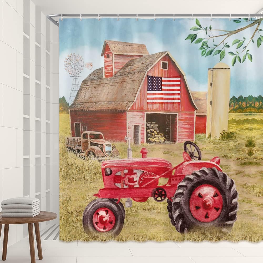 Farmhouse Shower Curtain Vintage Old Tractor Farm Truck Rustic Barn House Windmill Green Leaves Plant Forest Country Nature Scenery Home Bathroom