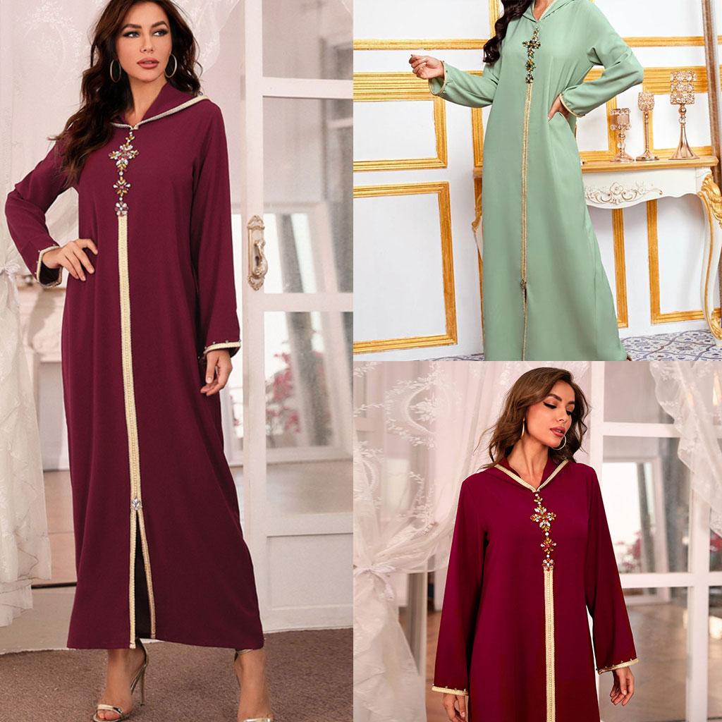 Women Muslim Fashion Loose Dress Ramadan Eid Abaya Dubai Turkey Islam Hand Stitch Drill Cowl-Neck Pullover Clothing