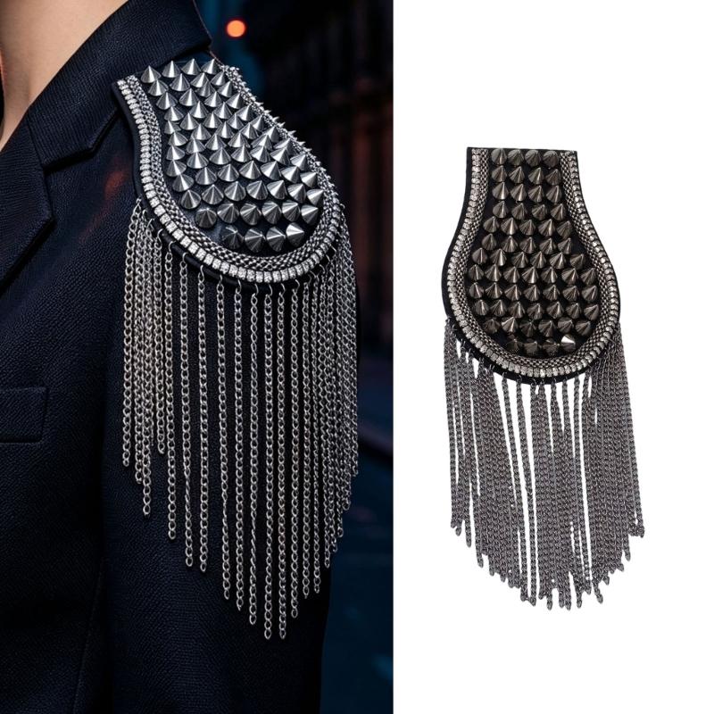 Sew-On Epaulette Shoulder Bar Accessory with Rivet Studs and Layered Metal Chain for Punk Theme Clothing Enhancement