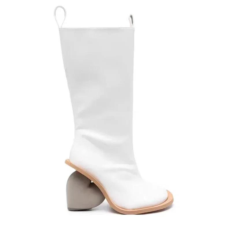 Fashion New Retro Sexy Round Toe Peach Heart Heel Side Zipper Knee High Boots European American Fashion Show Color Blocked Women's Boots