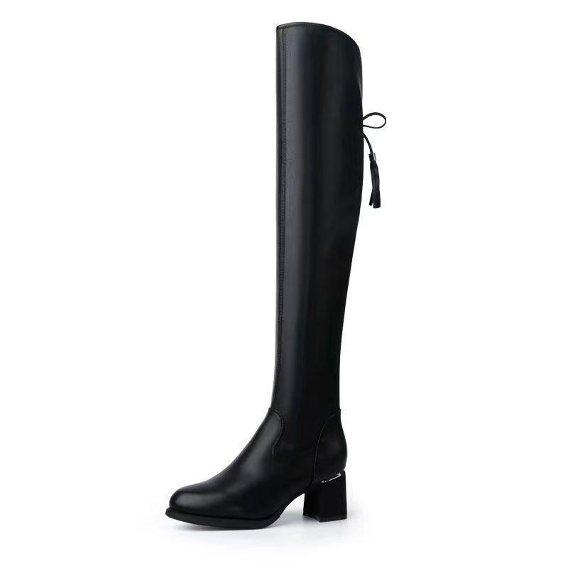 Women's Soft Leather Knee-High Stretch Boots, Fleece-Lined for Autumn/Winter, Fashion Chunky Heel Over-the-Knee Boots
