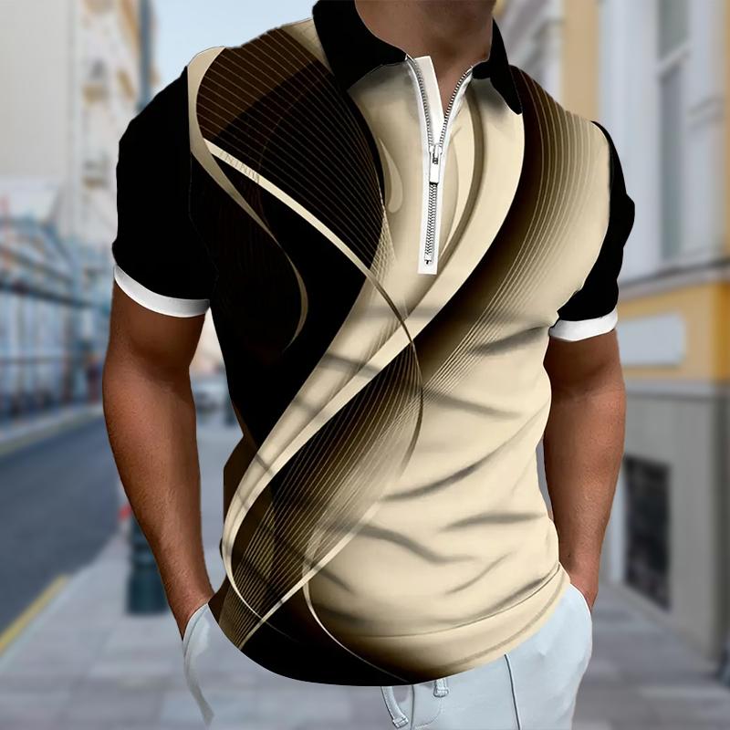 Men's Shirt Polo Casual Zip Short Sleeve Fashion Casual Zipper Summer Spring Regular Fit 3D Two Tone Splicing Print Shirt