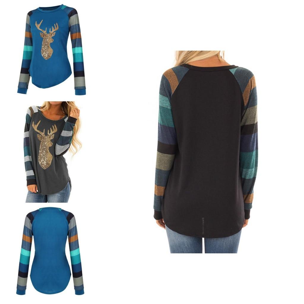 Festive Womens Christmas Tops With Sparkling Sequin Reindeer Long Sleeve Design