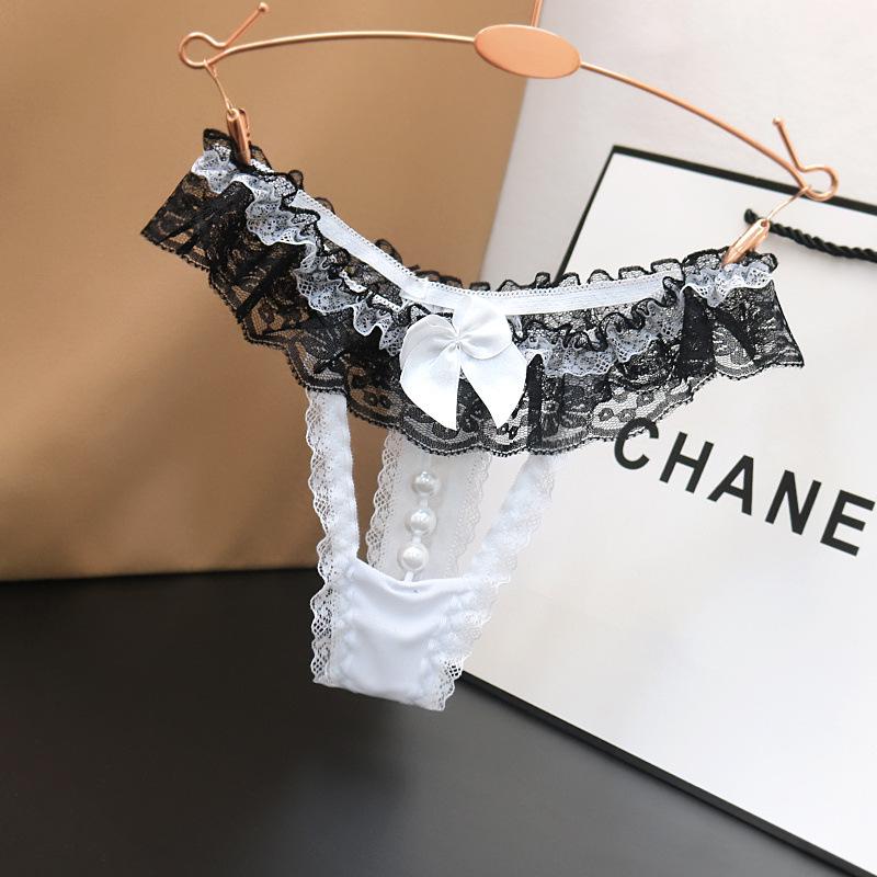 Transparent Lace Low-Waist Women's Thong with Pearl Massage Feature