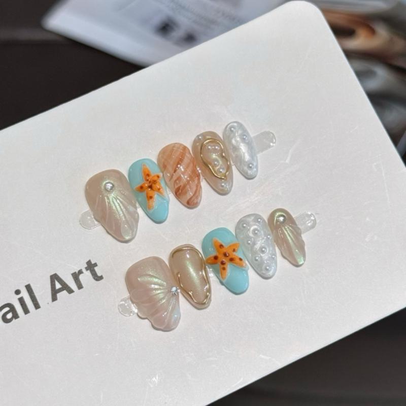 10Pcs Handmade Mermaid Shell Fake Nails with 3D Starfish & Pearl Accents XS
