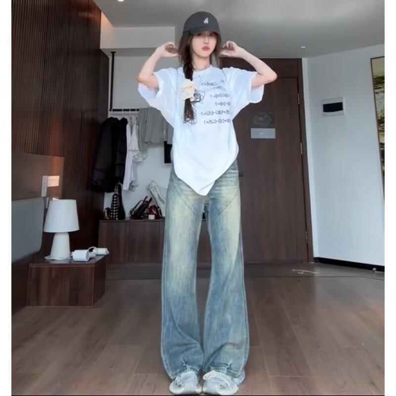 

Женские джинсы 2025 в американском ретро-стиле с широкими штанинами и высокой талией - Текстура Авроры, Слим-фит, Длина в пол, Прямые брюки для весны XS: Height 155-165CM (65-75 lbs)