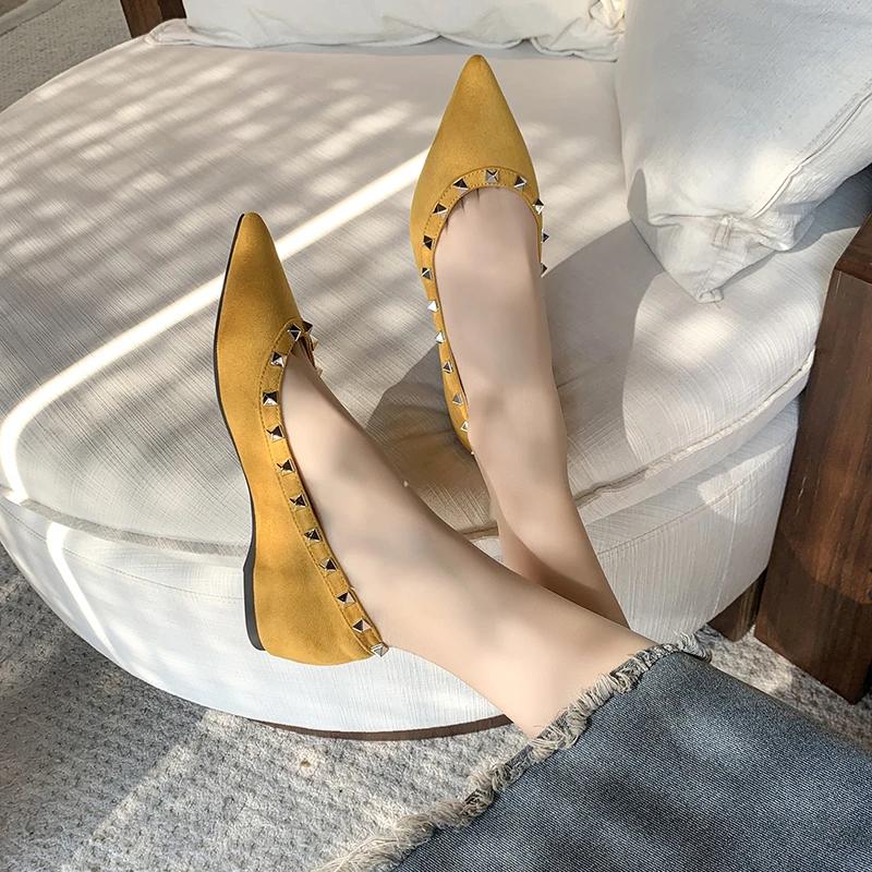 Fashion pointed rivet single shoes women's spring and autumn new French temperament shallow suede high heels inner heightening