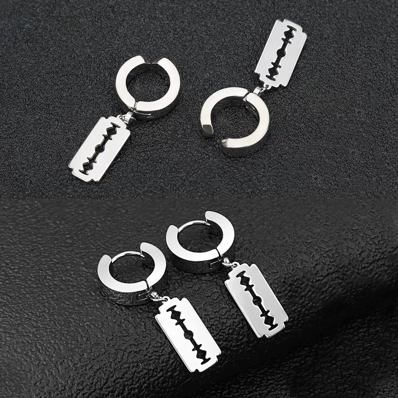 2pc Korean Fashion Stainless Steel Razor Blade Pendant Earring Punk Hip-hop Women Men Unisex Gothic Ear Studs Earrings Zircon