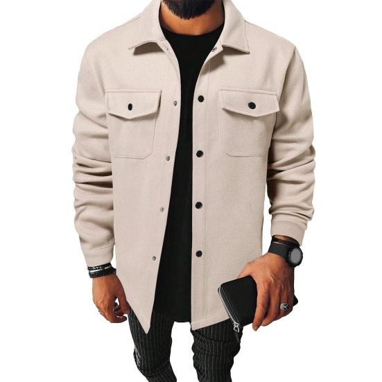 Herren Herbst Winter Einfarbiges Hemd Revers Langarm Pattentaschen Jacke