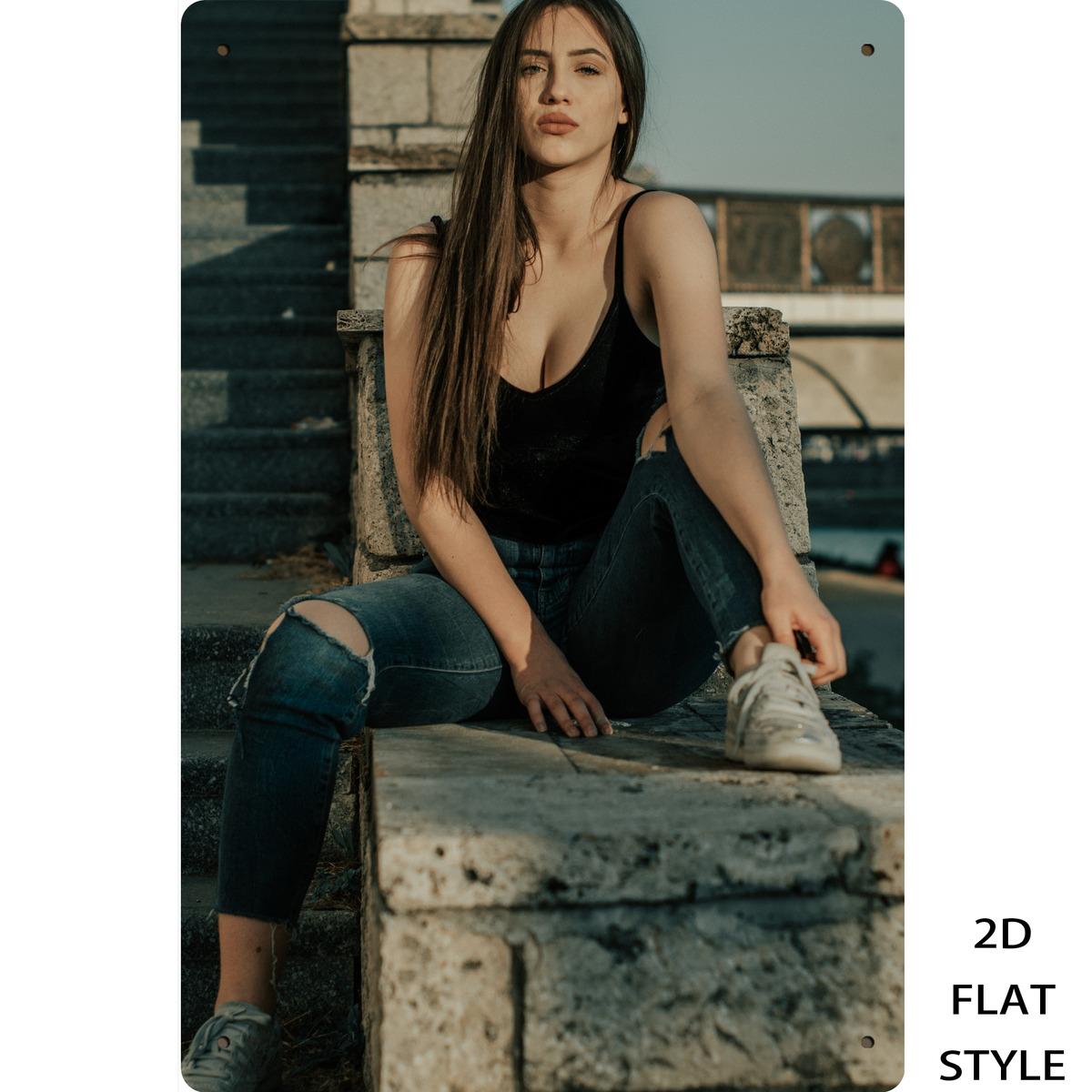 

HD Metal Tin Sign Beautiful Model in Black Cami Ripped Jeans Urban Staircase Portrait Wall Art Decor 20x30cm（7.8x11.8inch）