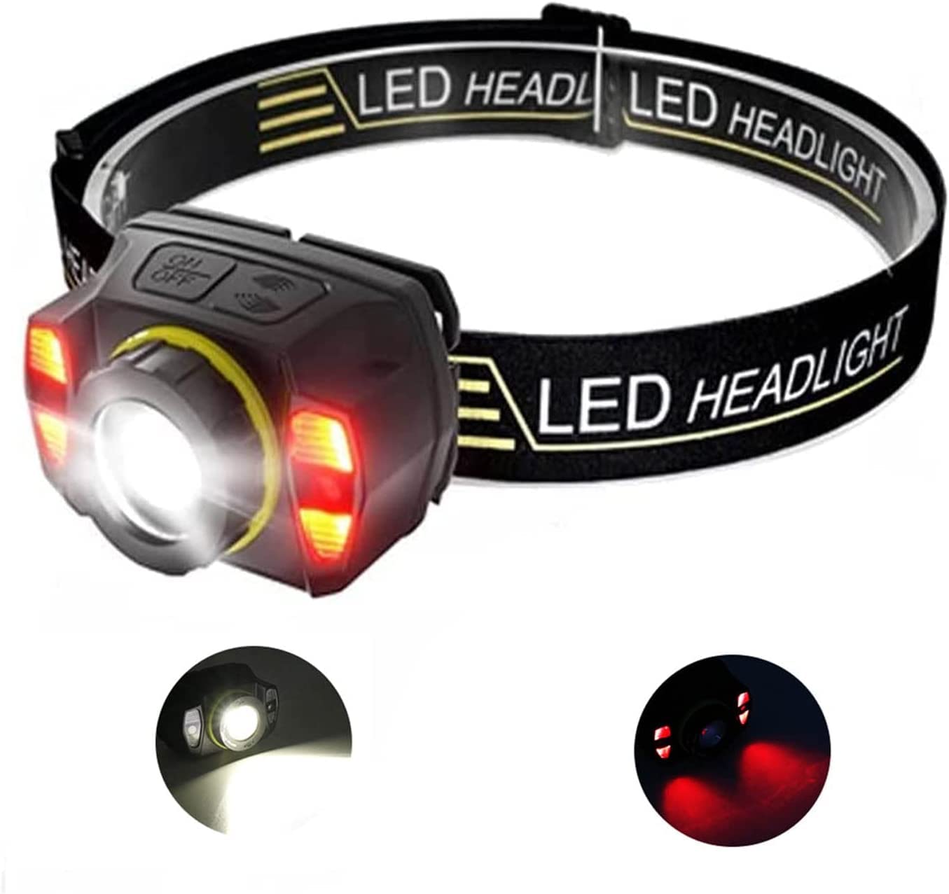

USB Rechargeable LED Headlamp with 5 Lighting Red White SOS Perfect for Night Outdoor Compact and Modes, & Light, Flashing, 45-Degree Adjustable, чёрный