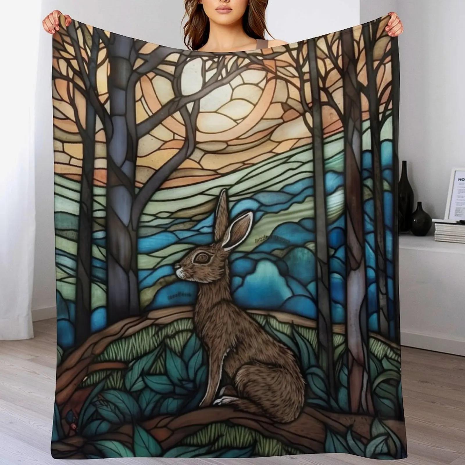 

Stained Glass Hare and Moonbeams Throw Blanket Lightweight Cozy Blanket for Bed Sofa 102x76cm(40x30in)