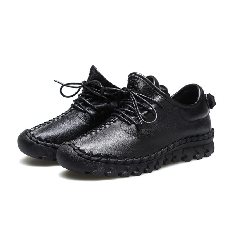 Fashion Handmade Genuine Leather Women Shoes Fashion Casual Sneakers Retro Flats Ladies Lacing Loafers Breathable Vulcanized Shoes