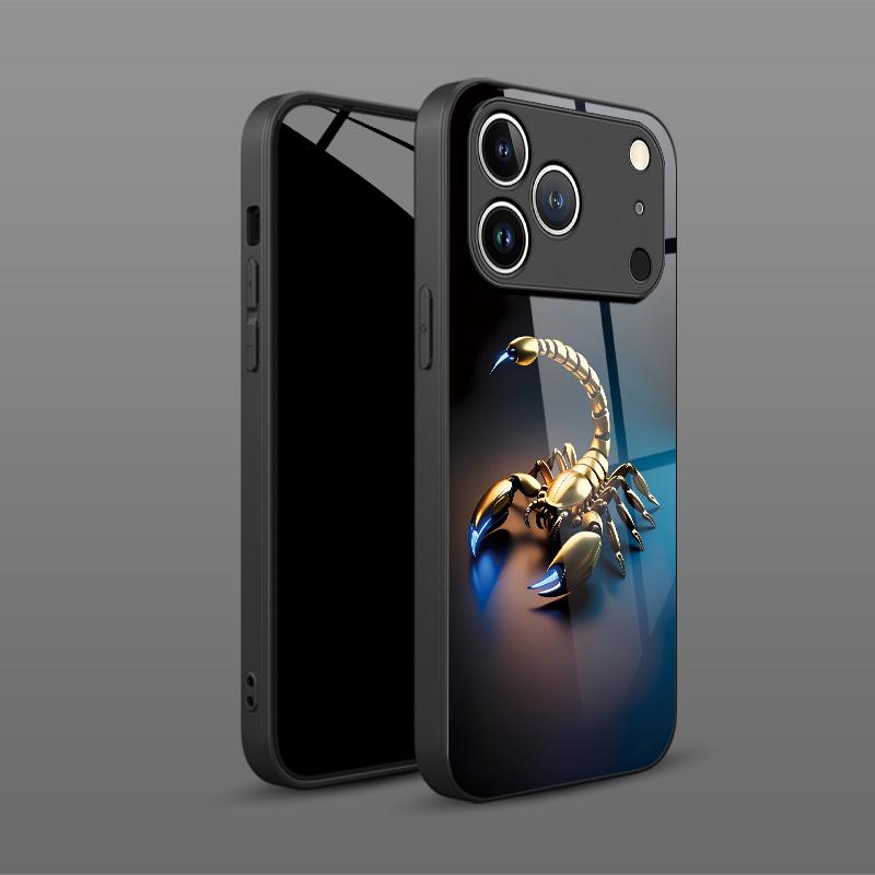 Golden scorpion pattern tempered glass phone case suitable for iPhone 17 16 15 14 13 12 11 Pro/Max/Plus anti drop and shockproof