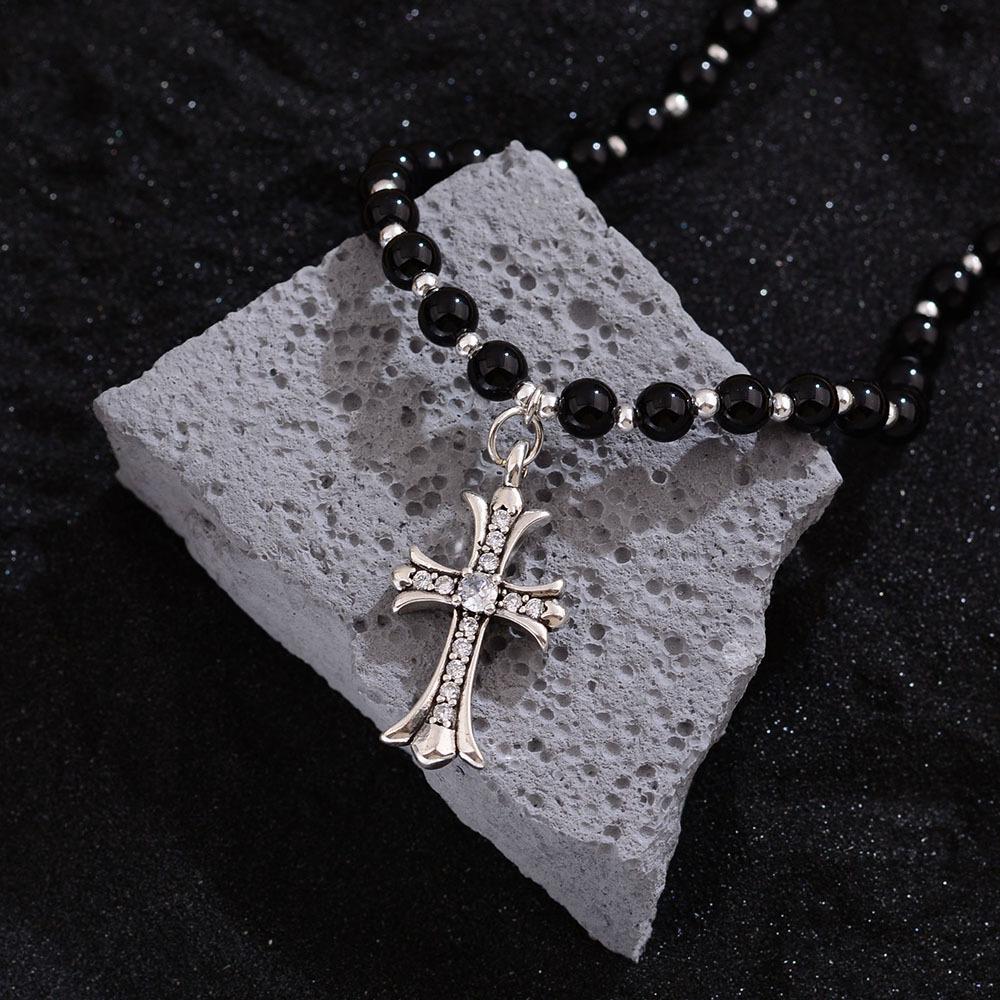 Niche Trendy Brand Black Beaded Zircon Cross Pendant Necklace Female Retro Hip Hop Punk Style Sweater Chain Accessories