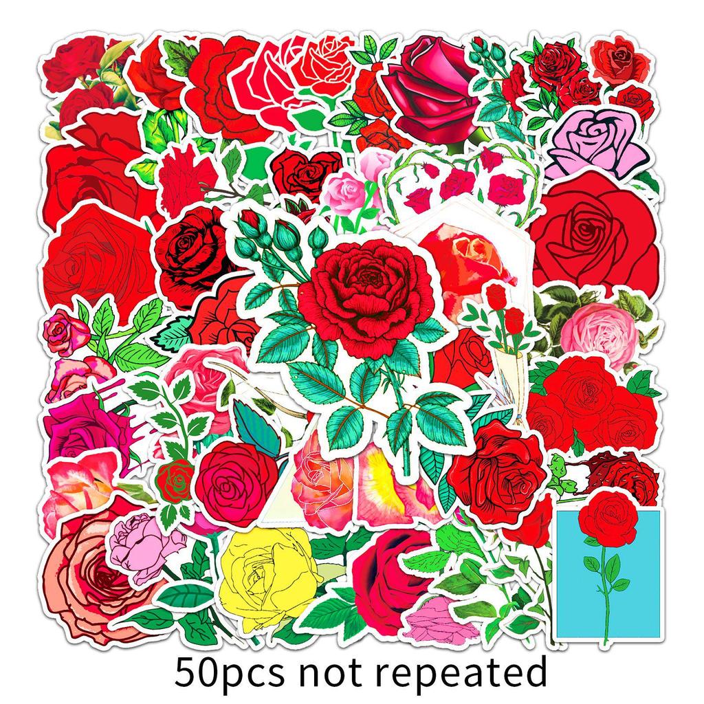 50pcs Waterproof Rose Flower Graffiti Stickers for DIY, Water Bottles, and Luggage