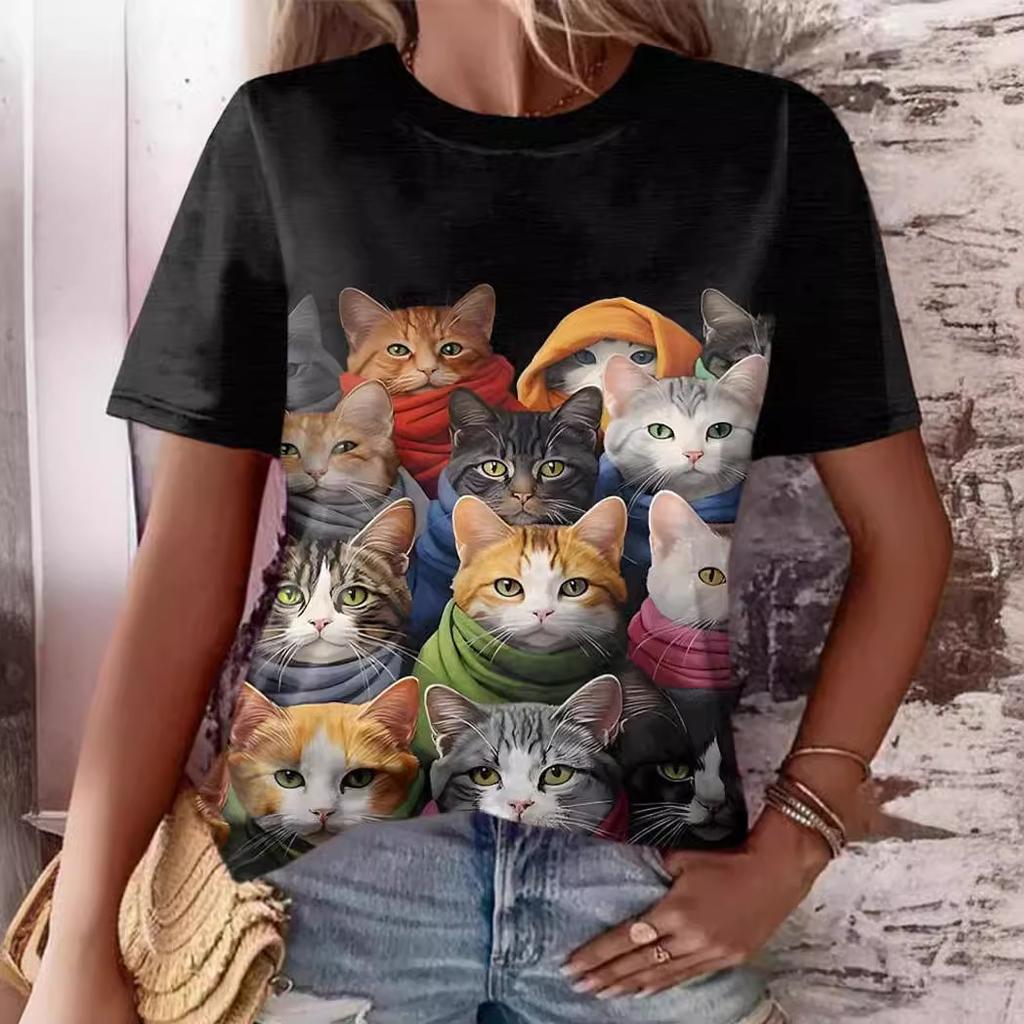 Summer Round Neck 3D Cute Cat and Dog Print Top Fashionable Casual Short Sleeved Women's T-shirts