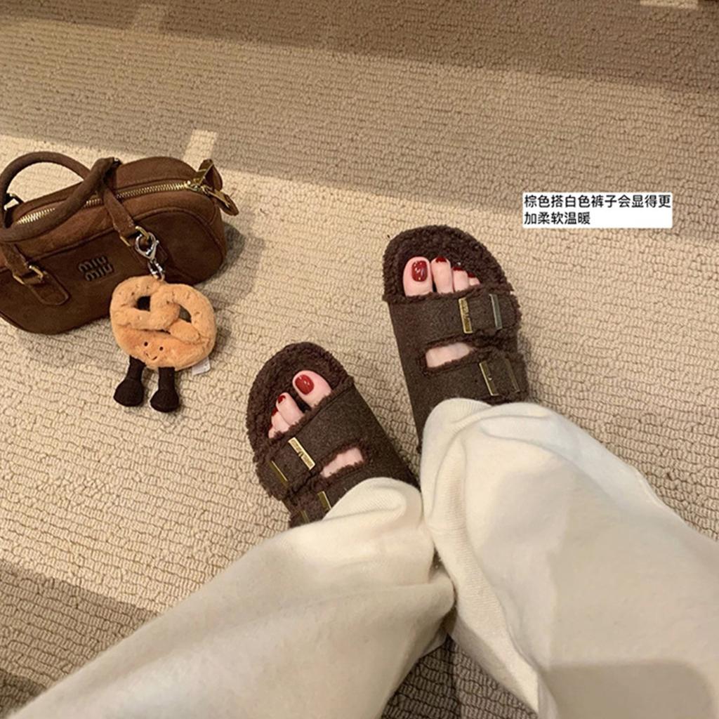Soft Fur! Thick-bottomed Mao Mao Boken Slippers for Women's Outerwear 2025 Autumn and Winter New Versatile Double-buckle with Lazy Slippers