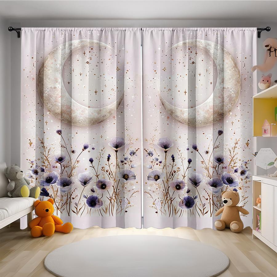 

Набор из 2 штор Розово-фиолетовые Звезда Луна Цветочный кластер Мечтательное Звездное небо Маковый дизайн Полупрозрачная Мягкая марля Материал шторы Полиэстер W100*H70(CM)-Hooks&2PCS